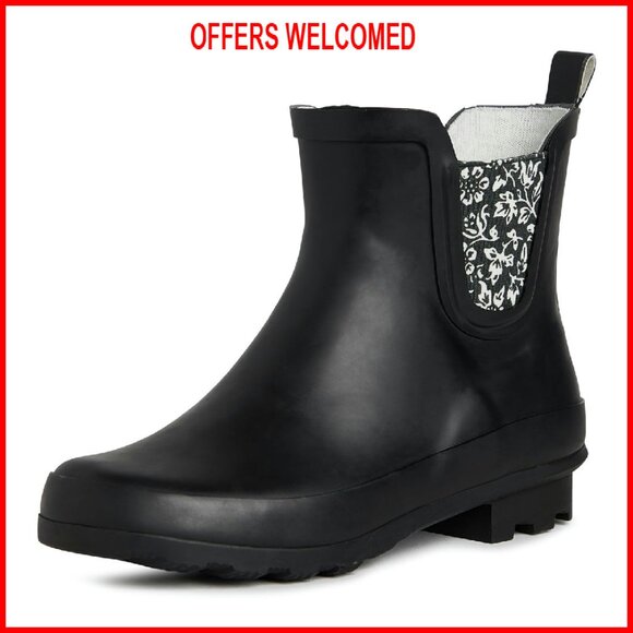 Shoes - Waterproof Rubber Ankle Boots, Flat Heel, Mid Cut Rain Footwear